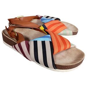 Tory Burch Corey Sandal Flat Patchwork Twist Striped Textile Leather Womens 5